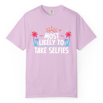 Most Likely to Take Selfies Shirt - Tropical Vacation Funny Tee (Comfort Color) in Orchid - Most Likely to Take Selfies Tropical Sunset Palm Trees Shirt