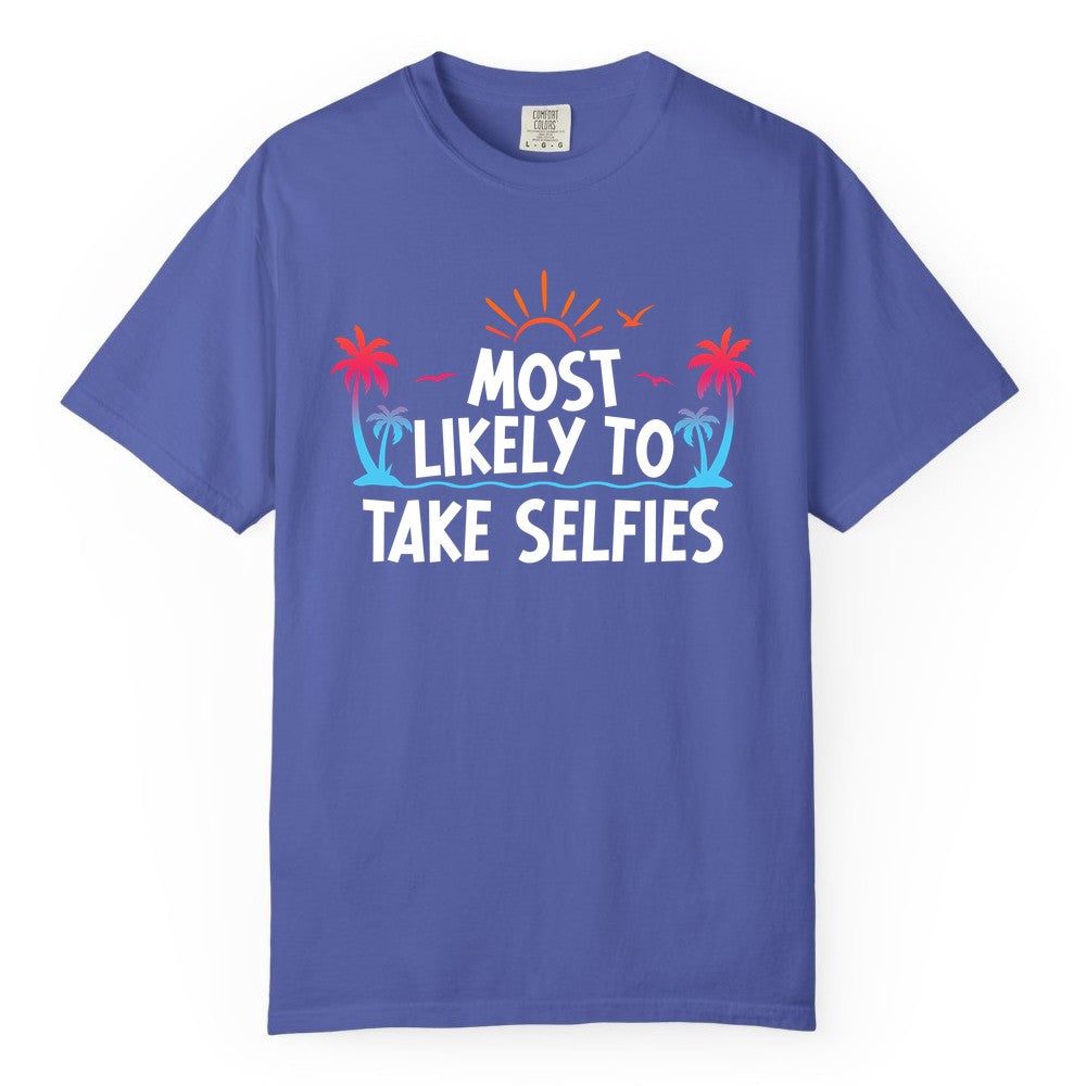 Most Likely to Take Selfies Shirt - Tropical Vacation Funny Tee (Comfort Color) in Periwinkle - Most Likely to Take Selfies Tropical Sunset Palm Trees Shirt