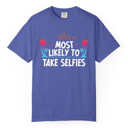 Most Likely to Take Selfies Shirt - Tropical Vacation Funny Tee (Comfort Color) in Periwinkle - Most Likely to Take Selfies Tropical Sunset Palm Trees Shirt