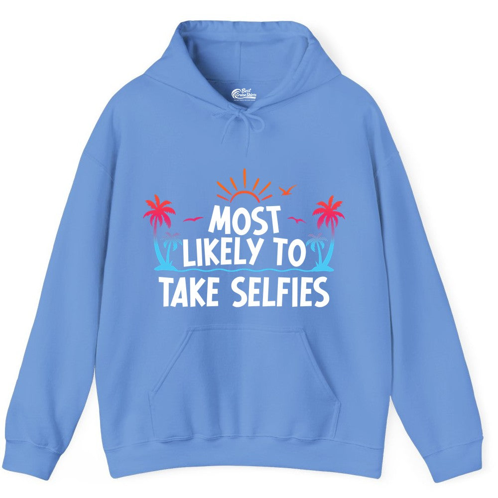 Most Likely to Take Selfies Shirt - Tropical Vacation Funny Tee (Hoodie) in Carolina Blue - Most Likely to Take Selfies Tropical Sunset Palm Trees Shirt