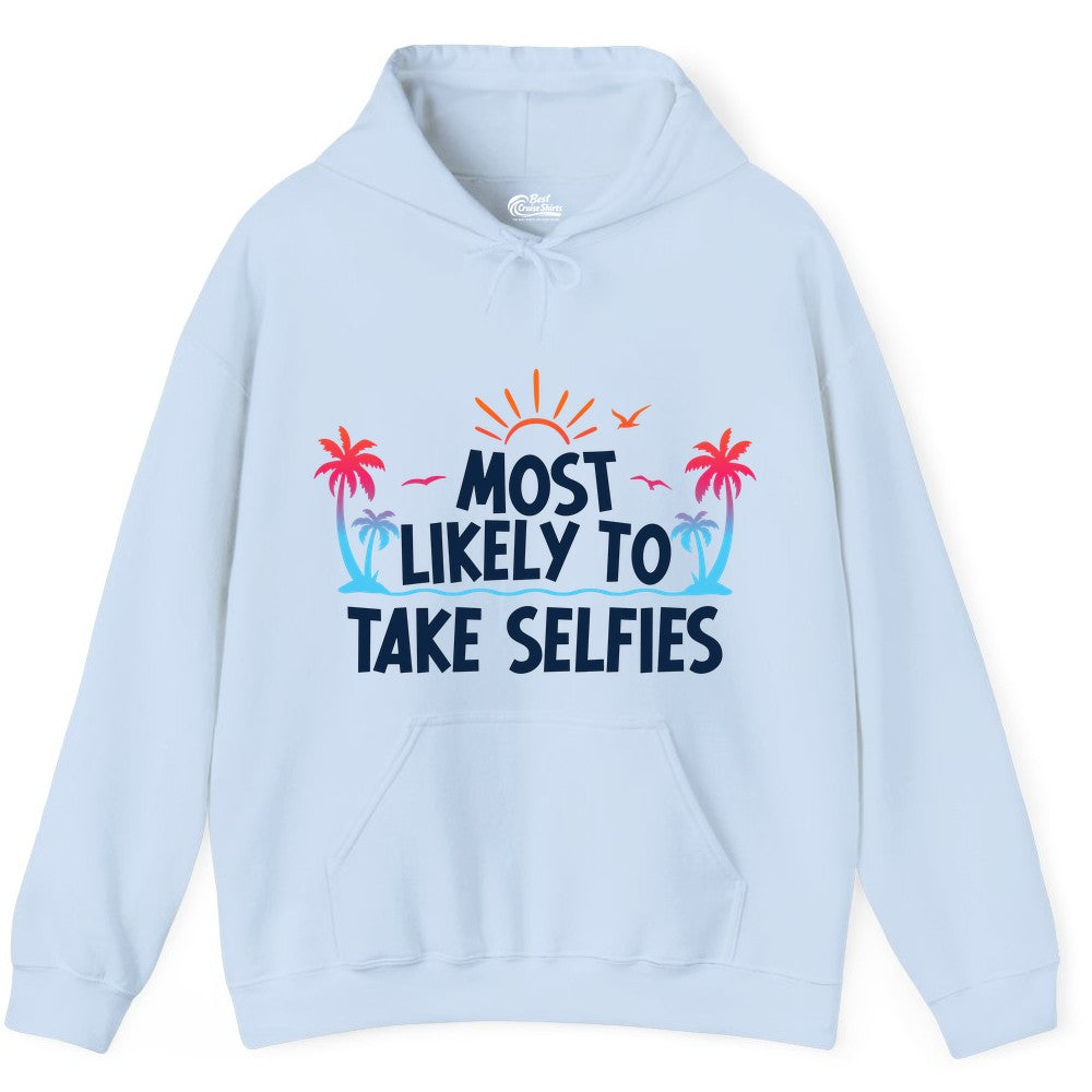 Most Likely to Take Selfies Shirt - Tropical Vacation Funny Tee (Hoodie) in Light Blue - Most Likely to Take Selfies Tropical Sunset Palm Trees Shirt