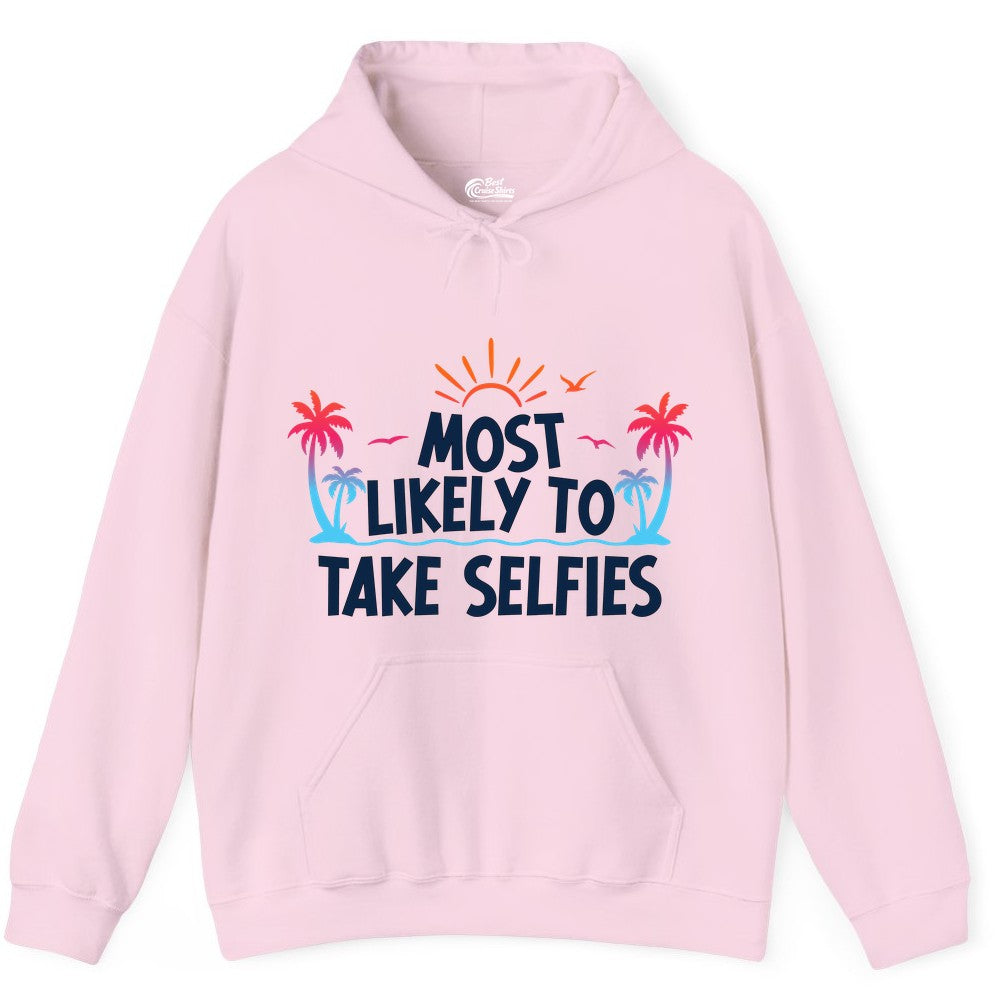 Most Likely to Take Selfies Shirt - Tropical Vacation Funny Tee (Hoodie) in Light Pink - Most Likely to Take Selfies Tropical Sunset Palm Trees Shirt