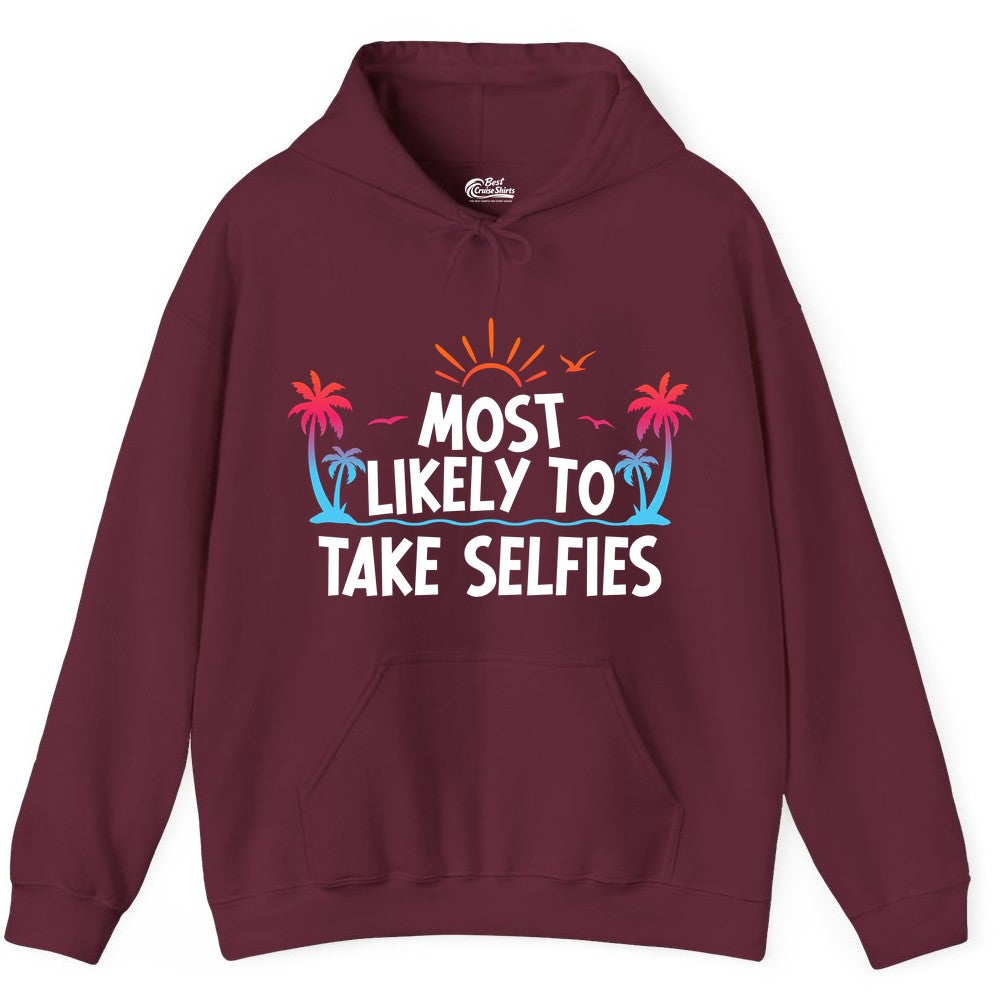 Most Likely to Take Selfies Shirt - Tropical Vacation Funny Tee (Hoodie) in Maroon - Most Likely to Take Selfies Tropical Sunset Palm Trees Shirt