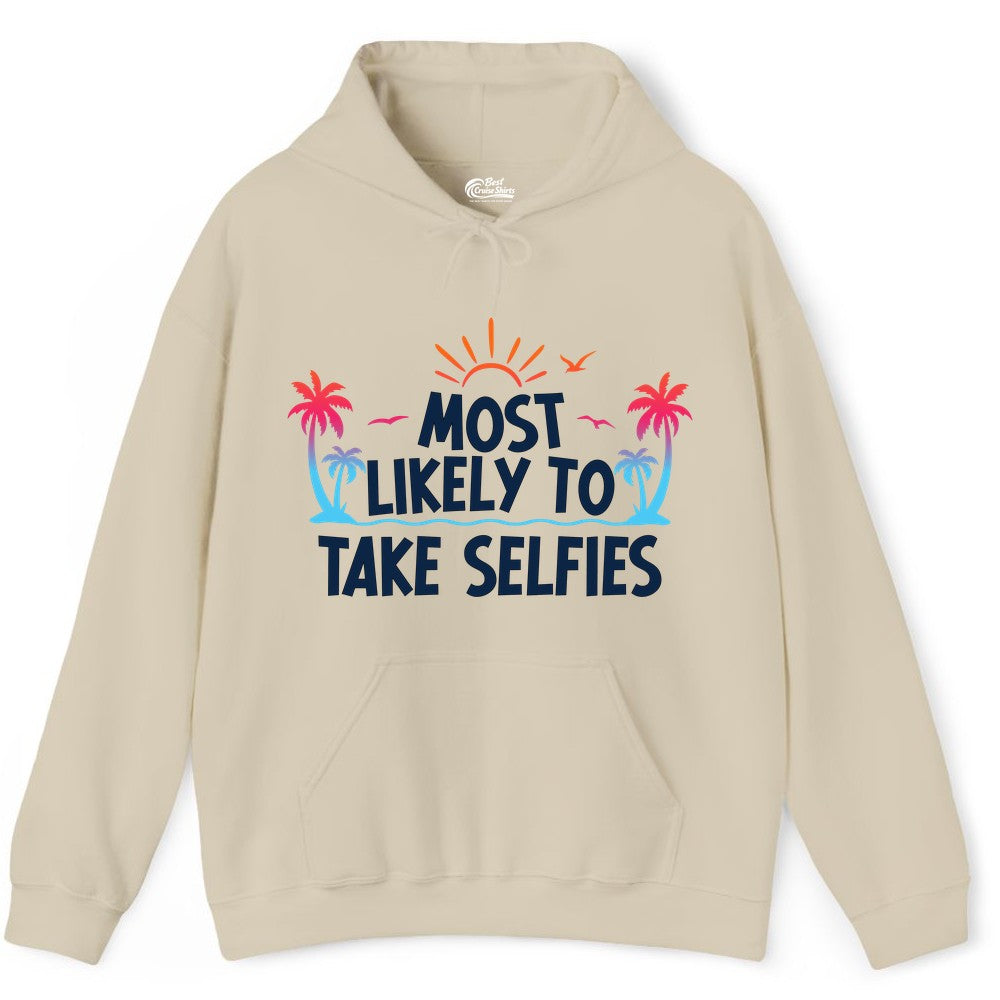 Most Likely to Take Selfies Shirt - Tropical Vacation Funny Tee (Hoodie) in Sand - Most Likely to Take Selfies Tropical Sunset Palm Trees Shirt