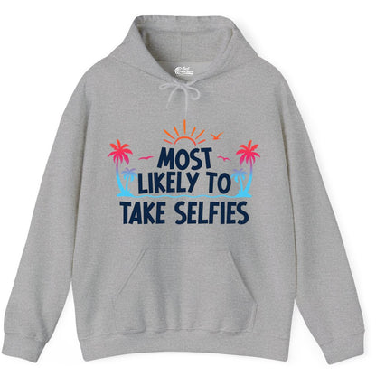 Most Likely to Take Selfies Shirt - Tropical Vacation Funny Tee (Hoodie) in Sport Grey - Most Likely to Take Selfies Tropical Sunset Palm Trees Shirt