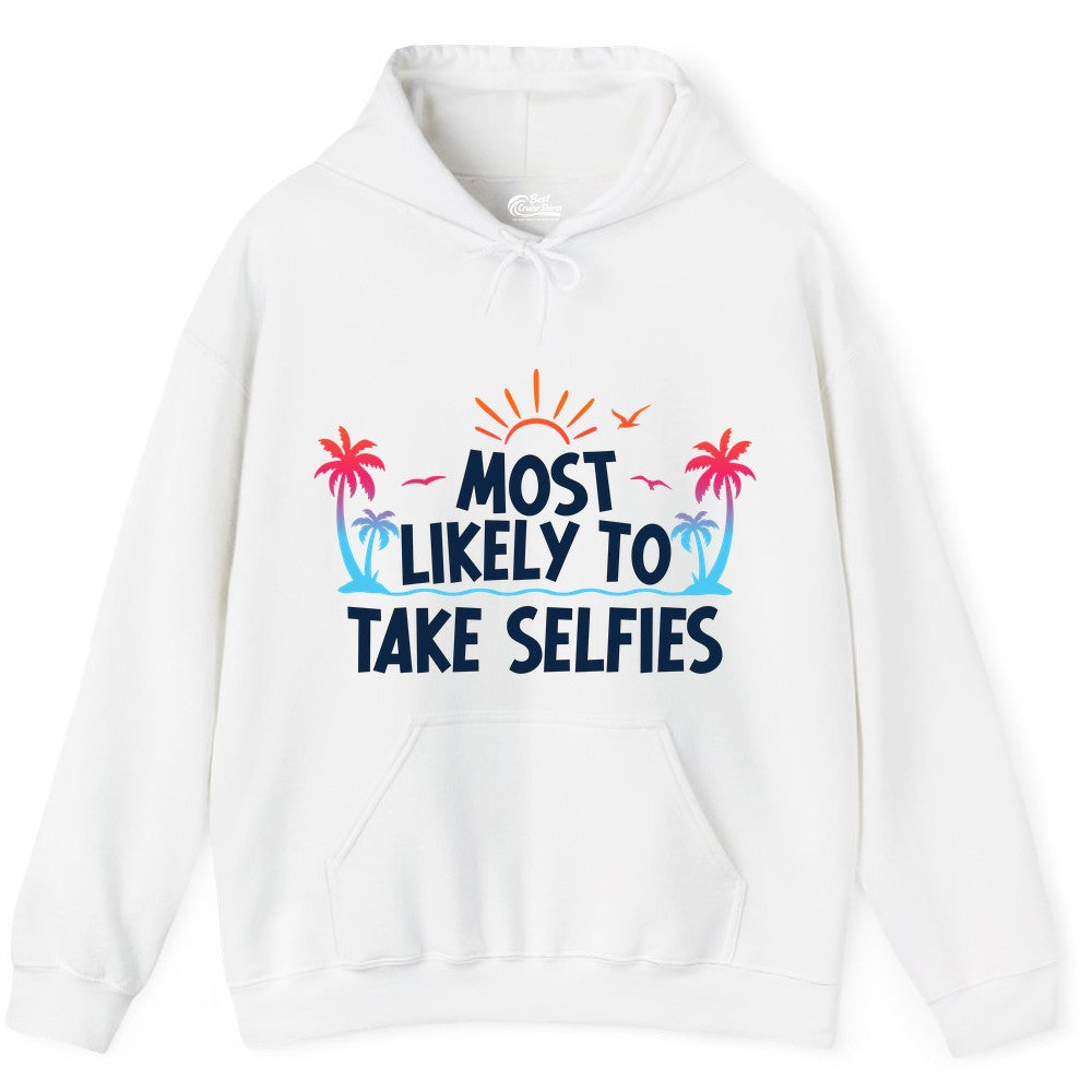 Most Likely to Take Selfies Shirt - Tropical Vacation Funny Tee (Hoodie) in White - Most Likely to Take Selfies Tropical Sunset Palm Trees Shirt
