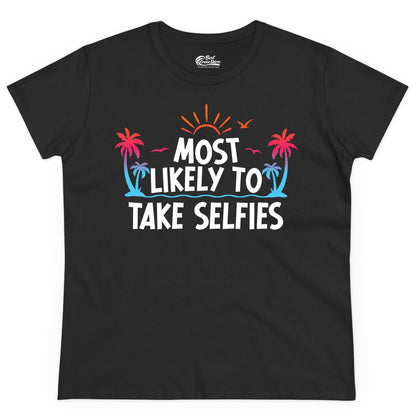 Most Likely to Take Selfies Shirt - Tropical Vacation Funny Tee (Ladies Tee) in Black - Most Likely to Take Selfies Tropical Sunset Palm Trees Shirt