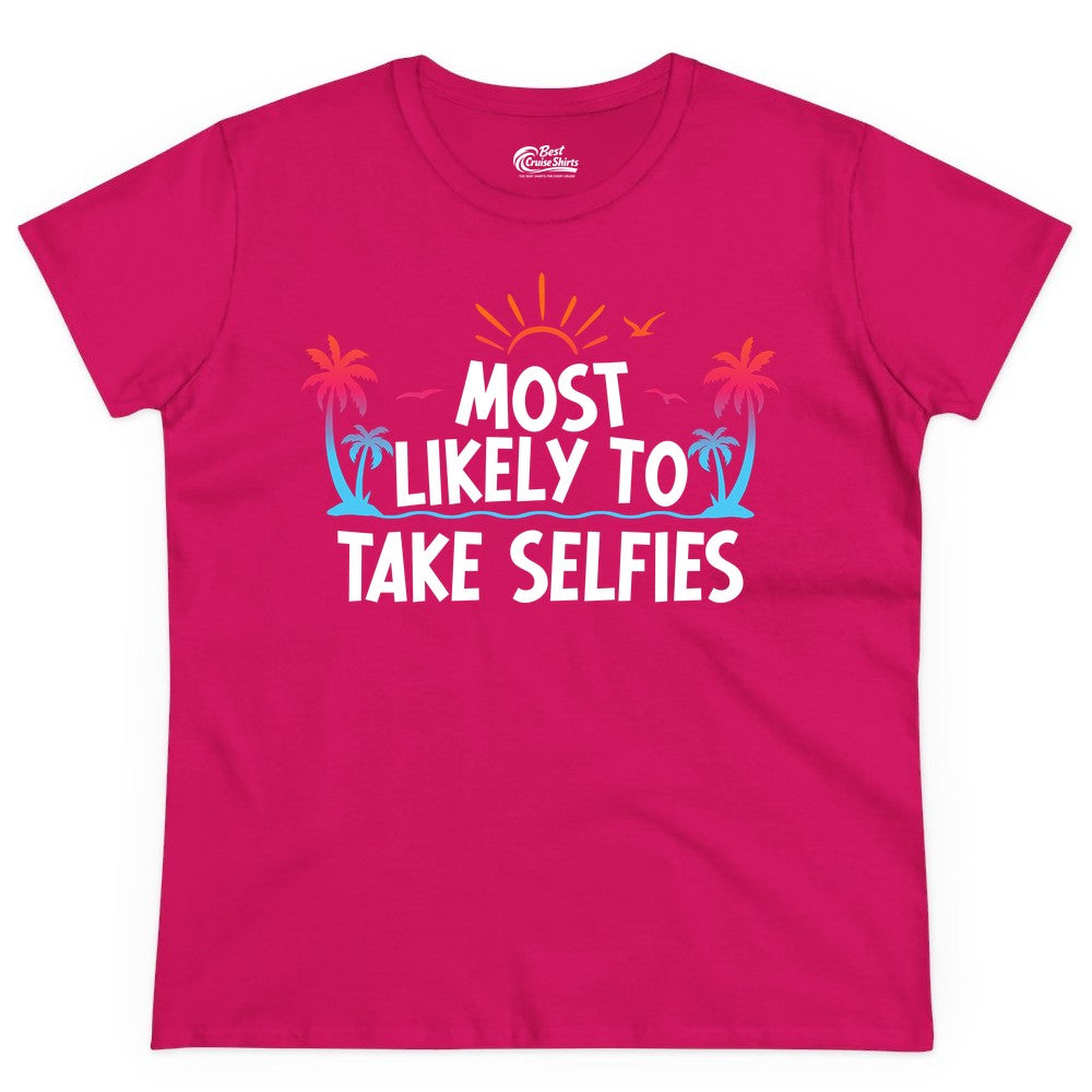 Most Likely to Take Selfies Shirt - Tropical Vacation Funny Tee (Ladies Tee) in Heliconia - Most Likely to Take Selfies Tropical Sunset Palm Trees Shirt