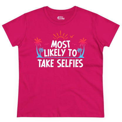 Most Likely to Take Selfies Shirt - Tropical Vacation Funny Tee (Ladies Tee) in Heliconia - Most Likely to Take Selfies Tropical Sunset Palm Trees Shirt