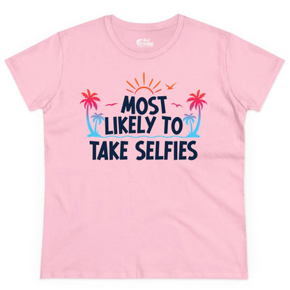 Most Likely to Take Selfies Shirt - Tropical Vacation Funny Tee (Ladies Tee) in Light Pink - Most Likely to Take Selfies Tropical Sunset Palm Trees Shirt