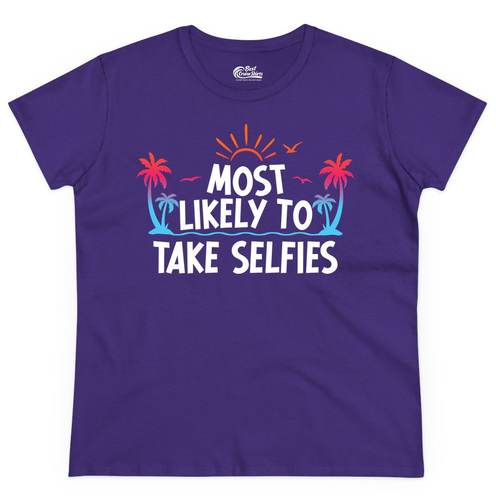 Most Likely to Take Selfies Shirt - Tropical Vacation Funny Tee (Ladies Tee) in Purple - Most Likely to Take Selfies Tropical Sunset Palm Trees Shirt