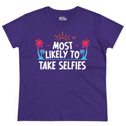 Most Likely to Take Selfies Shirt - Tropical Vacation Funny Tee (Ladies Tee) in Purple - Most Likely to Take Selfies Tropical Sunset Palm Trees Shirt