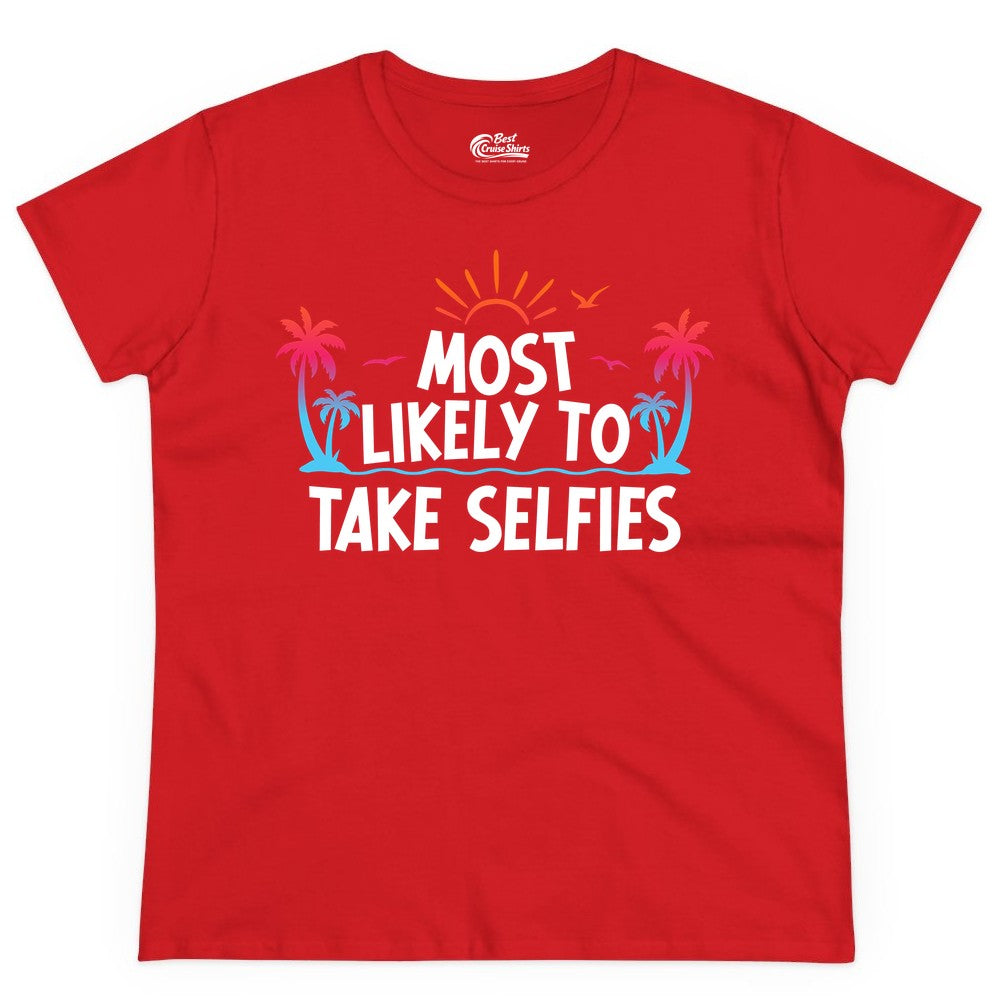 Most Likely to Take Selfies Shirt - Tropical Vacation Funny Tee (Ladies Tee) in Red - Most Likely to Take Selfies Tropical Sunset Palm Trees Shirt