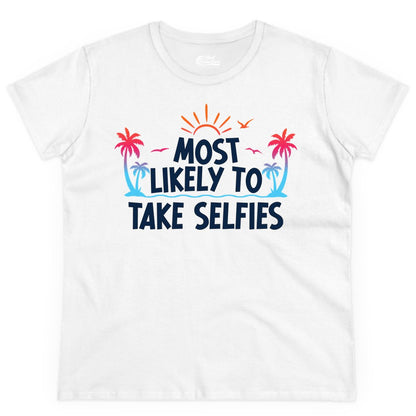 Most Likely to Take Selfies Shirt - Tropical Vacation Funny Tee (Ladies Tee) in White - Most Likely to Take Selfies Tropical Sunset Palm Trees Shirt
