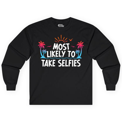 Most Likely to Take Selfies Shirt - Tropical Vacation Funny Tee (Long Sleeve) in Black - Most Likely to Take Selfies Tropical Sunset Palm Trees Shirt