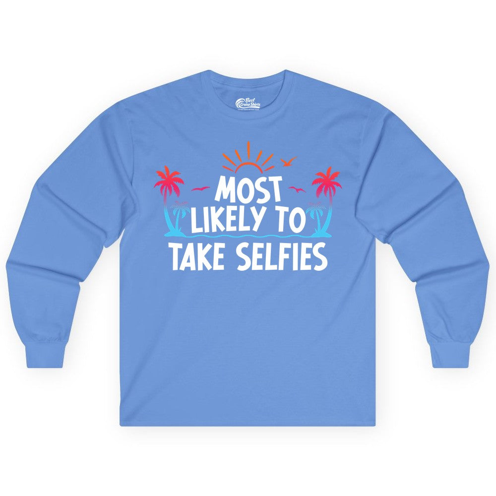 Most Likely to Take Selfies Shirt - Tropical Vacation Funny Tee (Long Sleeve) in Carolina Blue - Most Likely to Take Selfies Tropical Sunset Palm Trees Shirt