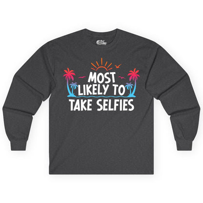 Most Likely to Take Selfies Shirt - Tropical Vacation Funny Tee (Long Sleeve) in Dark Heather - Most Likely to Take Selfies Tropical Sunset Palm Trees Shirt