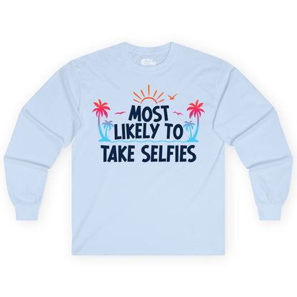 Most Likely to Take Selfies Shirt - Tropical Vacation Funny Tee (Long Sleeve) in Light Blue - Most Likely to Take Selfies Tropical Sunset Palm Trees Shirt