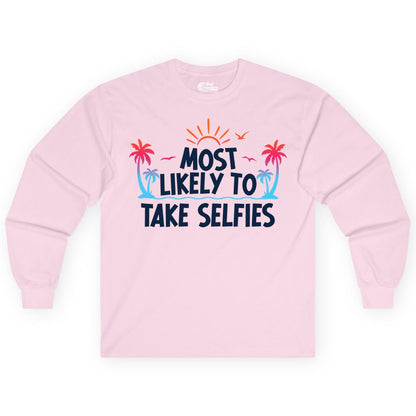 Most Likely to Take Selfies Shirt - Tropical Vacation Funny Tee (Long Sleeve) in Light Pink - Most Likely to Take Selfies Tropical Sunset Palm Trees Shirt