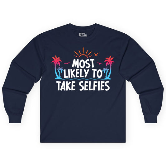 Most Likely to Take Selfies Shirt - Tropical Vacation Funny Tee (Long Sleeve) in Navy - Most Likely to Take Selfies Tropical Sunset Palm Trees Shirt