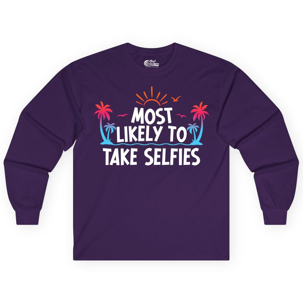 Most Likely to Take Selfies Shirt - Tropical Vacation Funny Tee (Long Sleeve) in Purple - Most Likely to Take Selfies Tropical Sunset Palm Trees Shirt