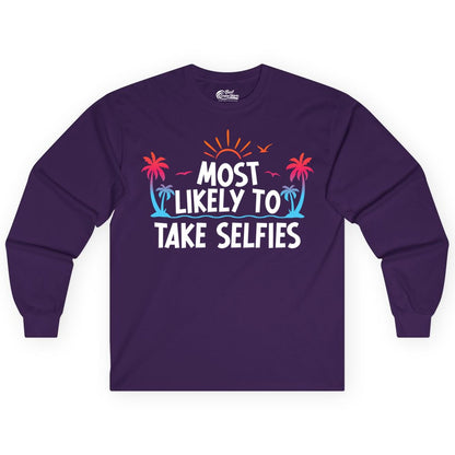 Most Likely to Take Selfies Shirt - Tropical Vacation Funny Tee (Long Sleeve) in Purple - Most Likely to Take Selfies Tropical Sunset Palm Trees Shirt