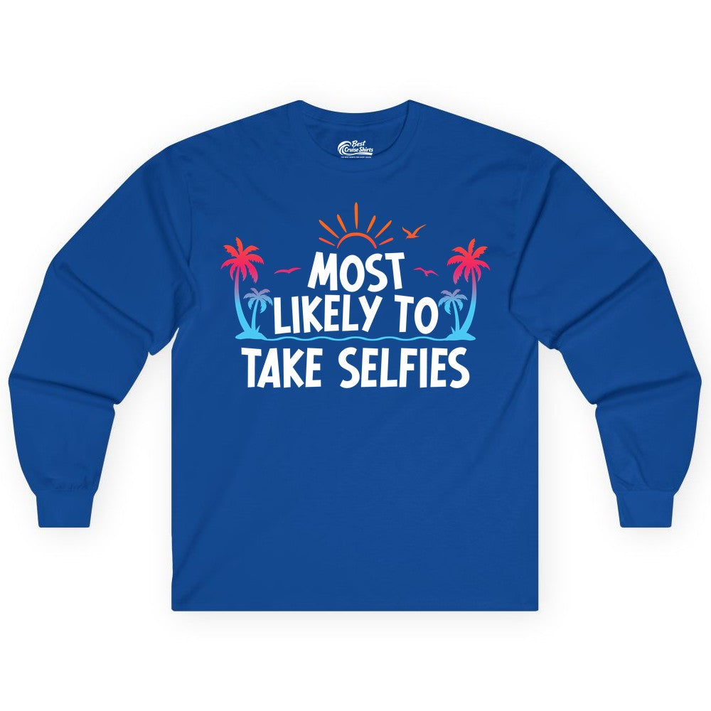 Most Likely to Take Selfies Shirt - Tropical Vacation Funny Tee (Long Sleeve) in Royal - Most Likely to Take Selfies Tropical Sunset Palm Trees Shirt