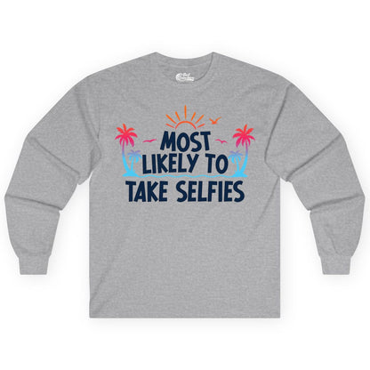 Most Likely to Take Selfies Shirt - Tropical Vacation Funny Tee (Long Sleeve) in Sport Grey - Most Likely to Take Selfies Tropical Sunset Palm Trees Shirt
