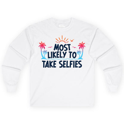 Most Likely to Take Selfies Shirt - Tropical Vacation Funny Tee (Long Sleeve) in White - Most Likely to Take Selfies Tropical Sunset Palm Trees Shirt