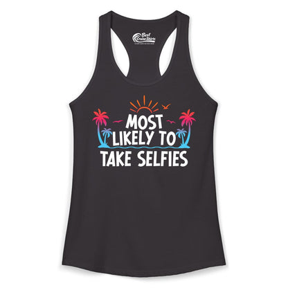 Most Likely to Take Selfies Shirt - Tropical Vacation Funny Tee (Ladies Tank) in Black - Most Likely to Take Selfies Tropical Sunset Palm Trees Shirt