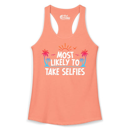 Most Likely to Take Selfies Shirt - Tropical Vacation Funny Tee (Ladies Tank) in Solid Light Orange - Most Likely to Take Selfies Tropical Sunset Palm Trees Shirt