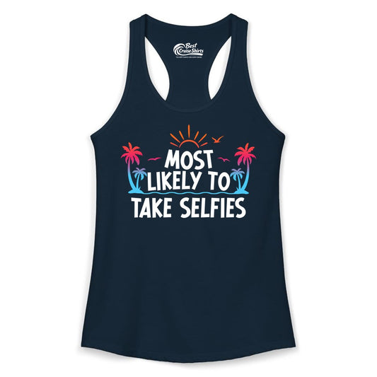 Most Likely to Take Selfies Shirt - Tropical Vacation Funny Tee (Ladies Tank) in Solid Midnight Navy - Most Likely to Take Selfies Tropical Sunset Palm Trees Shirt