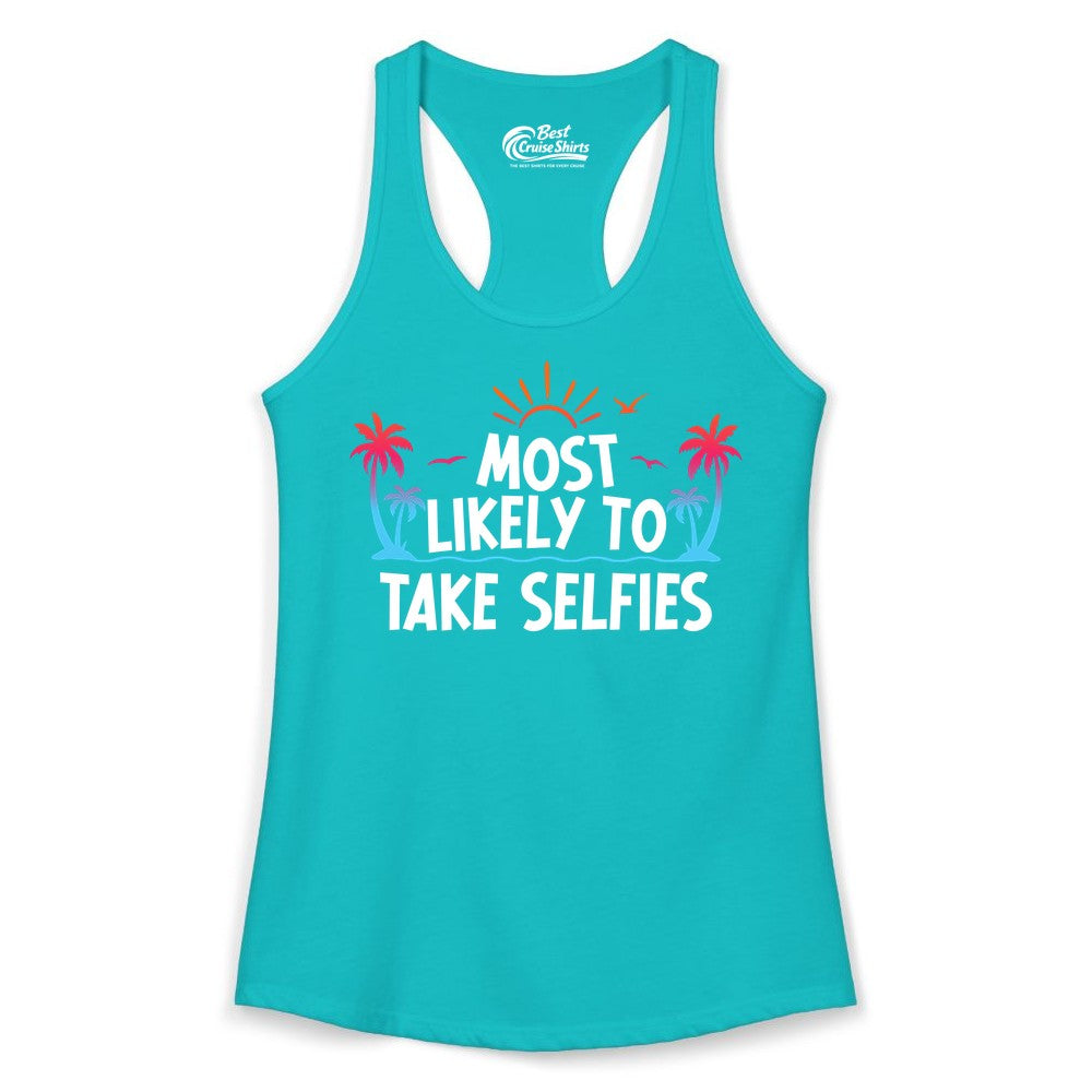 Most Likely to Take Selfies Shirt - Tropical Vacation Funny Tee (Ladies Tank) in Tahiti Blue - Most Likely to Take Selfies Tropical Sunset Palm Trees Shirt