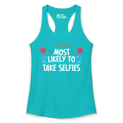 Most Likely to Take Selfies Shirt - Tropical Vacation Funny Tee (Ladies Tank) in Tahiti Blue - Most Likely to Take Selfies Tropical Sunset Palm Trees Shirt
