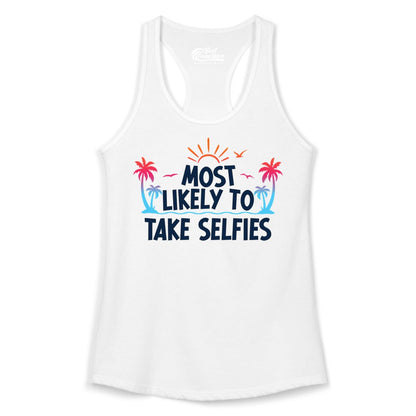 Most Likely to Take Selfies Shirt - Tropical Vacation Funny Tee (Ladies Tank) in White - Most Likely to Take Selfies Tropical Sunset Palm Trees Shirt