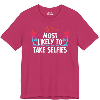 Most Likely to Take Selfies Shirt - Tropical Vacation Funny Tee (Premium Tee) in Berry - Most Likely to Take Selfies Tropical Sunset Palm Trees Shirt