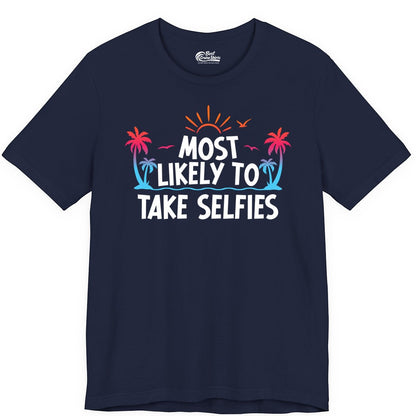 Most Likely to Take Selfies Shirt - Tropical Vacation Funny Tee (Premium Tee) in Navy - Most Likely to Take Selfies Tropical Sunset Palm Trees Shirt