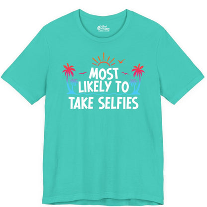 Most Likely to Take Selfies Shirt - Tropical Vacation Funny Tee (Premium Tee) in Teal - Most Likely to Take Selfies Tropical Sunset Palm Trees Shirt