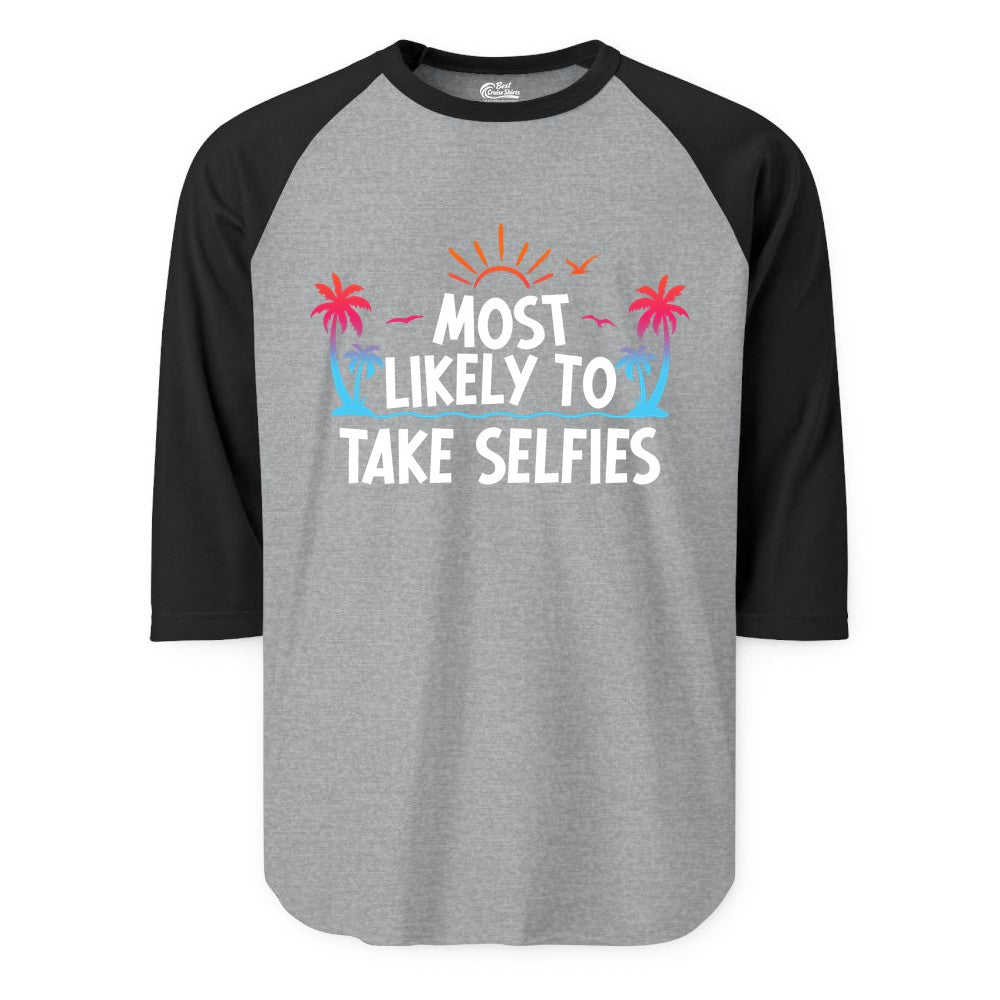 Most Likely to Take Selfies Shirt - Tropical Vacation Funny Tee (Raglan) in Heather GreyBlack - Most Likely to Take Selfies Tropical Sunset Palm Trees Shirt