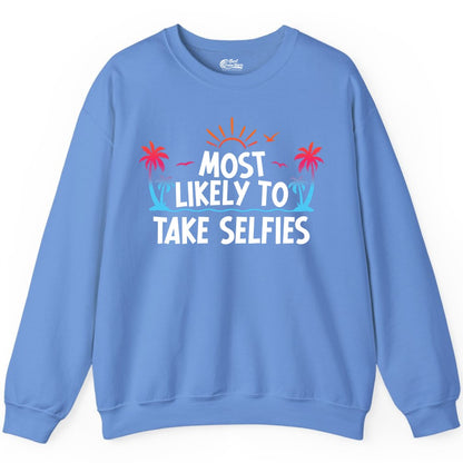 Most Likely to Take Selfies Shirt - Tropical Vacation Funny Tee (Sweatshirt) in Carolina Blue - Most Likely to Take Selfies Tropical Sunset Palm Trees Shirt