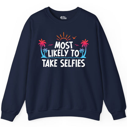 Most Likely to Take Selfies Shirt - Tropical Vacation Funny Tee (Sweatshirt) in Navy - Most Likely to Take Selfies Tropical Sunset Palm Trees Shirt