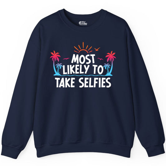 Most Likely to Take Selfies Shirt - Tropical Vacation Funny Tee (Sweatshirt) in Navy - Most Likely to Take Selfies Tropical Sunset Palm Trees Shirt