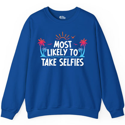 Most Likely to Take Selfies Shirt - Tropical Vacation Funny Tee (Sweatshirt) in Royal - Most Likely to Take Selfies Tropical Sunset Palm Trees Shirt