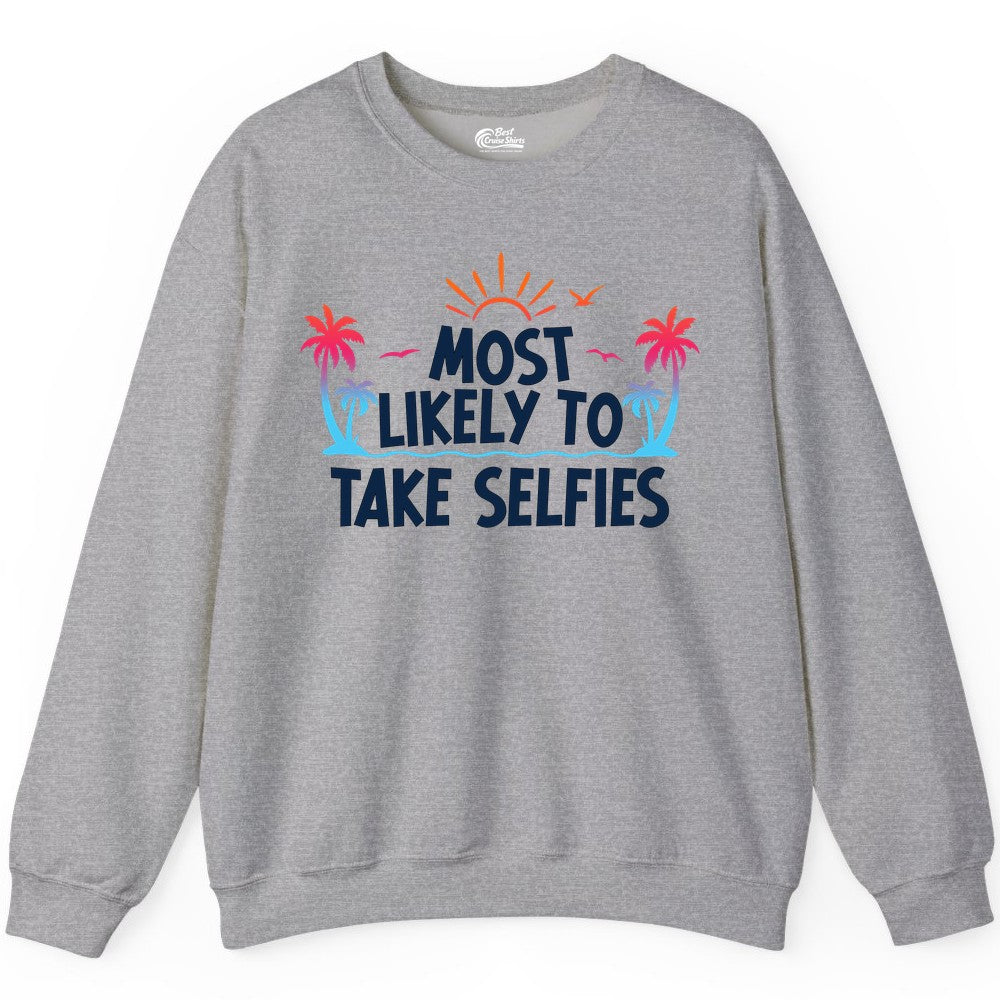 Most Likely to Take Selfies Shirt - Tropical Vacation Funny Tee (Sweatshirt) in Sport Grey - Most Likely to Take Selfies Tropical Sunset Palm Trees Shirt