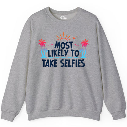 Most Likely to Take Selfies Shirt - Tropical Vacation Funny Tee (Sweatshirt) in Sport Grey - Most Likely to Take Selfies Tropical Sunset Palm Trees Shirt