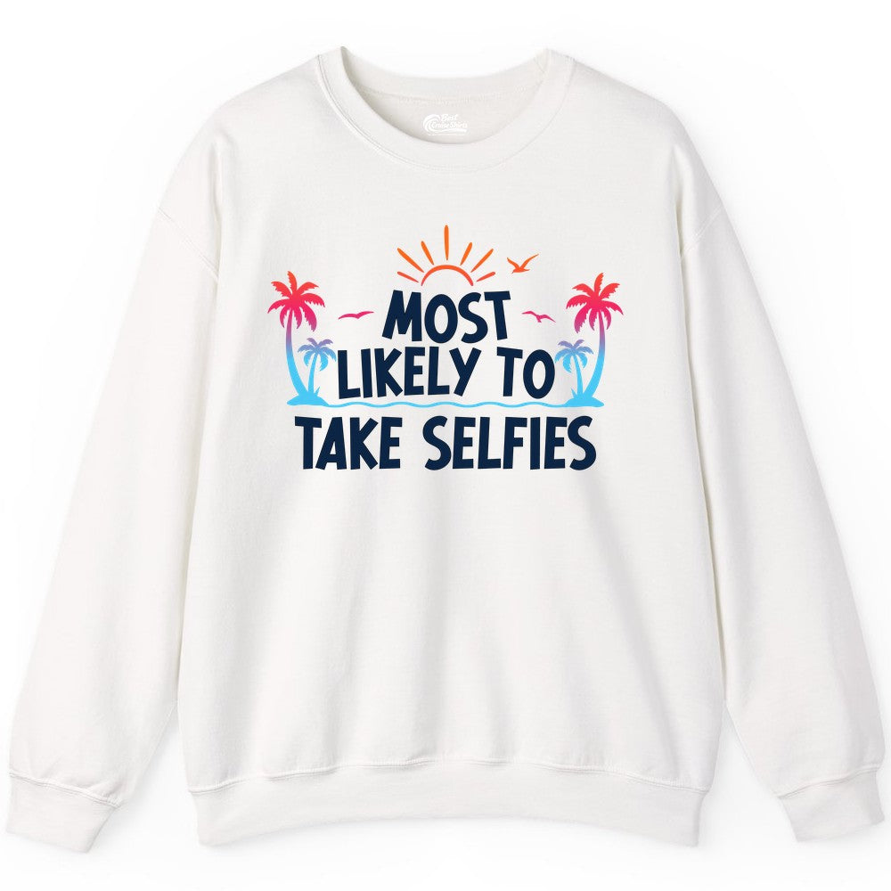 Most Likely to Take Selfies Shirt - Tropical Vacation Funny Tee (Sweatshirt) in White - Most Likely to Take Selfies Tropical Sunset Palm Trees Shirt