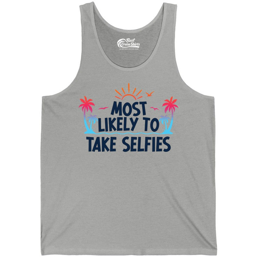 Most Likely to Take Selfies Shirt - Tropical Vacation Funny Tee (Tank Top) in Athletic Heather - Most Likely to Take Selfies Tropical Sunset Palm Trees Shirt