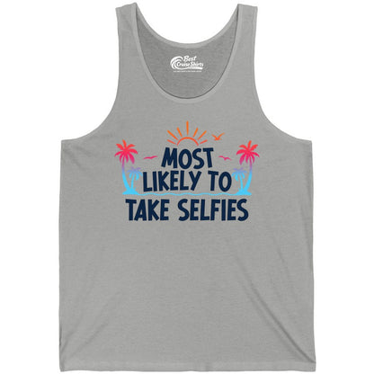 Most Likely to Take Selfies Shirt - Tropical Vacation Funny Tee (Tank Top) in Athletic Heather - Most Likely to Take Selfies Tropical Sunset Palm Trees Shirt