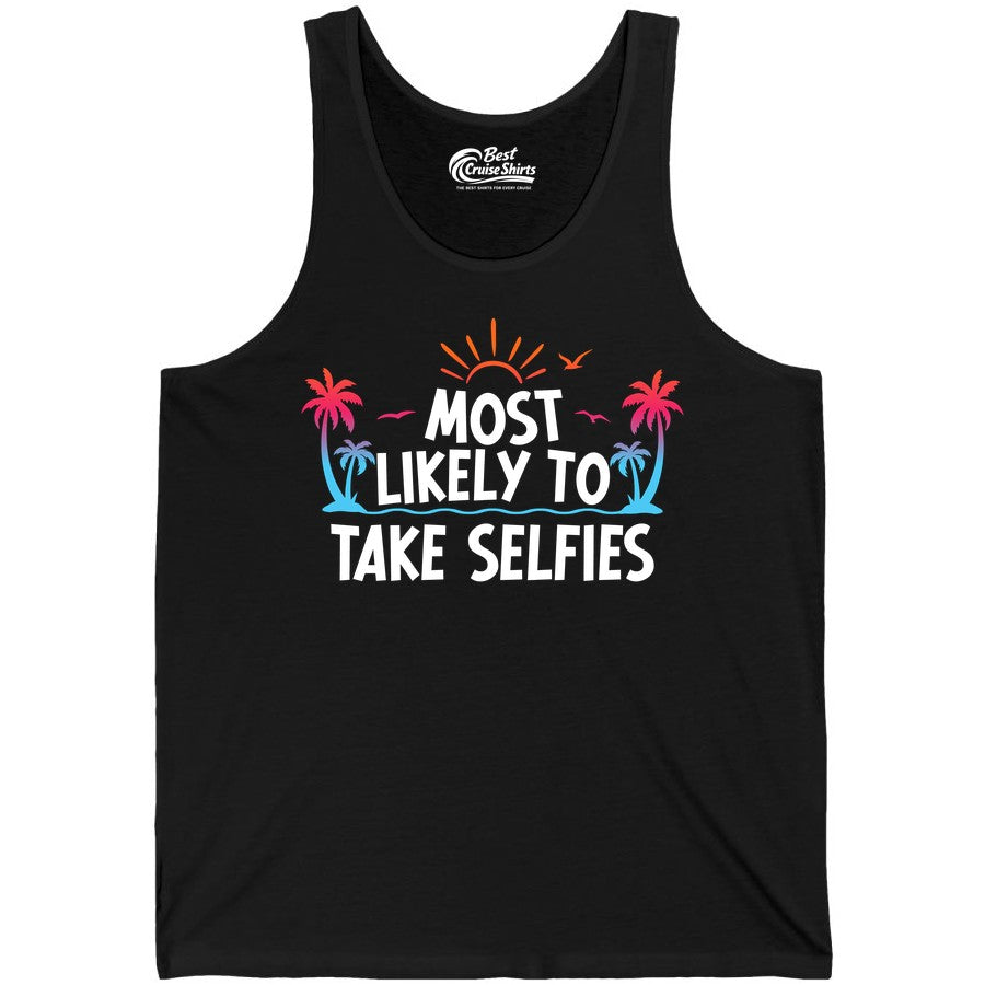 Most Likely to Take Selfies Shirt - Tropical Vacation Funny Tee (Tank Top) in Black - Most Likely to Take Selfies Tropical Sunset Palm Trees Shirt