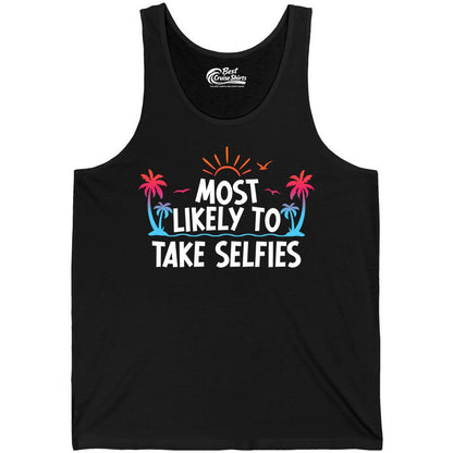 Most Likely to Take Selfies Shirt - Tropical Vacation Funny Tee (Tank Top) in Black - Most Likely to Take Selfies Tropical Sunset Palm Trees Shirt